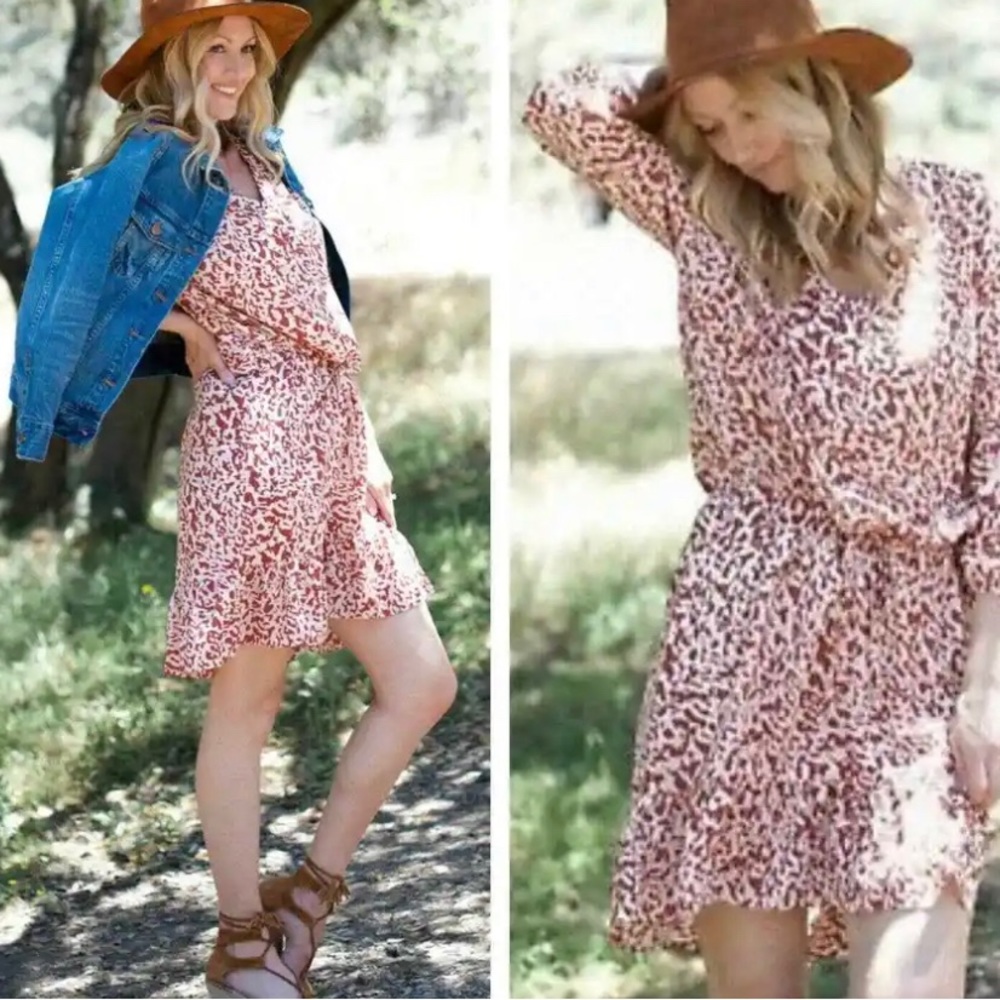 CAbi Sienna Boho Pink Red Leopard Print Ruffled Hem Shirt Dress